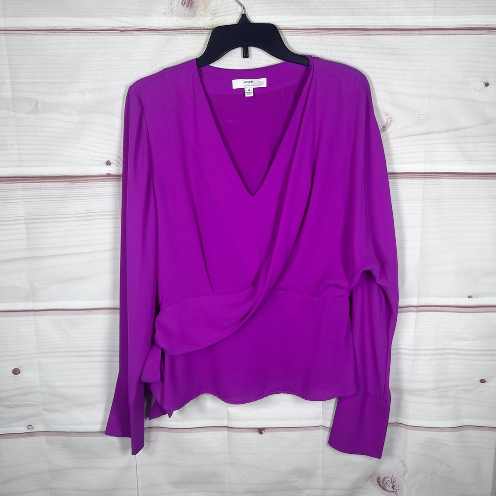 Atlein Collective Blouse Women 10 Purple V-Neck Faux Wrap Long Sleeve Top Office